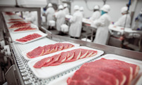 Verarbeitetes Fleisch auf einem Förderband in der Lebensmittelindustrie